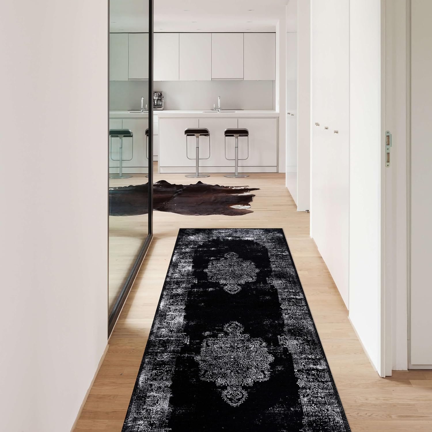 Beverly Rug Washable Runner Rug 2x7 Medallion Vintage Distressed Bohemian Cotton Soft Area Rugs for Entryway Laundry Stain Resistant Non Shedding Non Slip Backing Indoor Carpet, (2 x 7 Black)