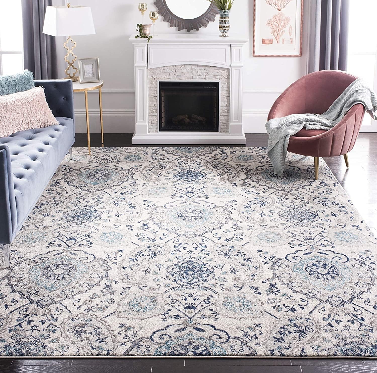 I was a bit apprehensive about ordering a rug I could not see or touch prior to buying, however, I took a leap of faith. Boy, am I glad that I did!!!We absolutely LOVE this rug! I debated getting the teal, navy, or gray, and we went with the gray. It is PERFECT! It has subtle pops of navy blue and teal, with various shades of gray. The background color is more of a greige than straight grey, however, we are ok with that. Its better than expected!! It ties all of our rooms together perfectly!!