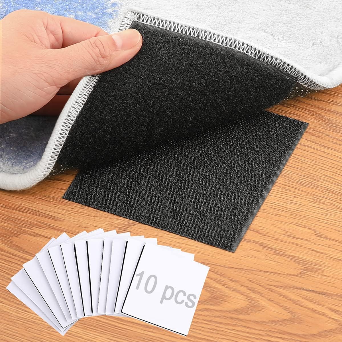 Rug Anchors Carpet Hook and Loop Non-Slip Mat Anti-Skid Stickers Square (10PCS, Black)