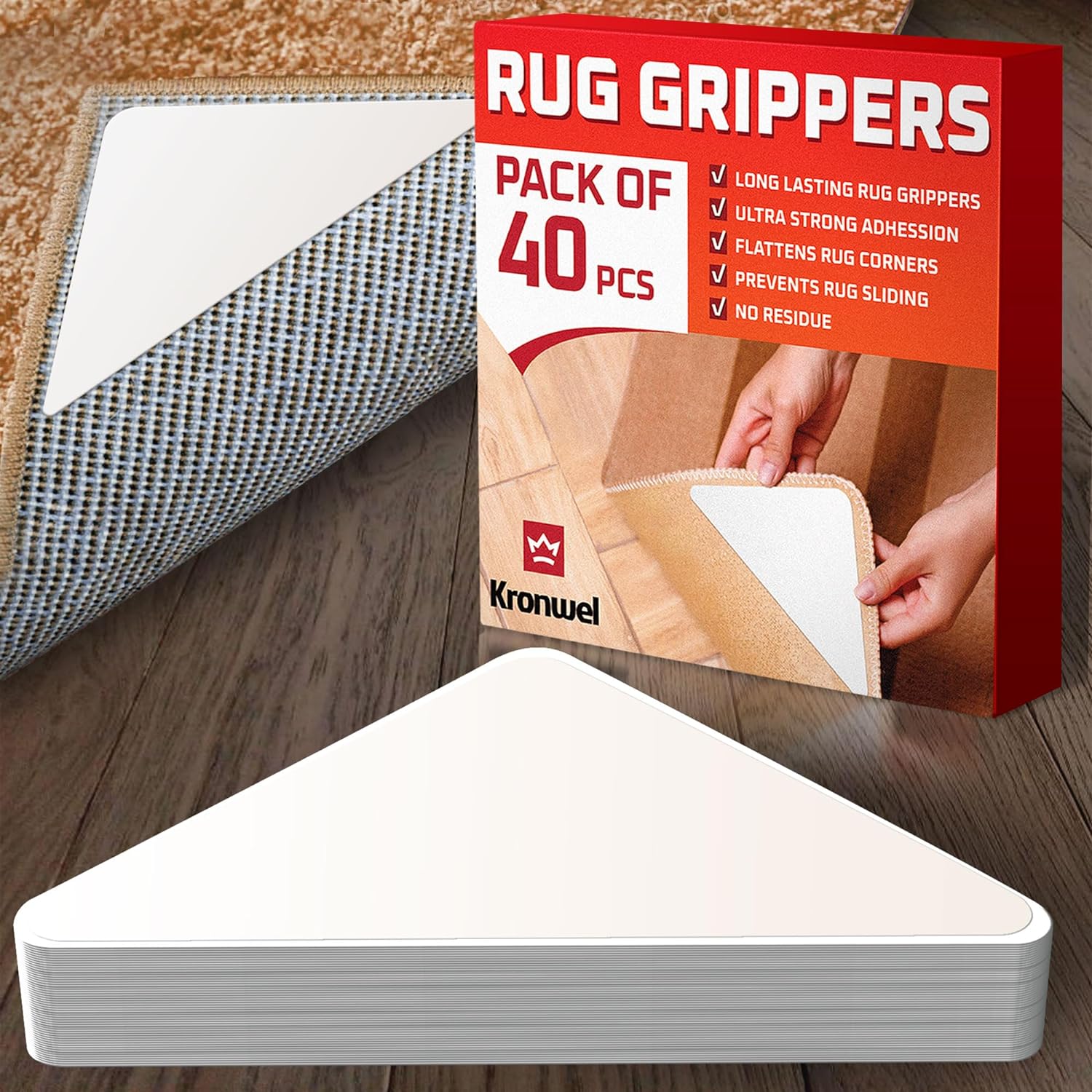 40 Pack Rug Corners Grippers for Hardwood Floors, Wood Floor, Carpet, Laminate, Area Rugs and Pads on Tile - Rug Stickers - Carpet Tape - Double Sided Rug Tape - No Slip Rug - Anti Slip Grips