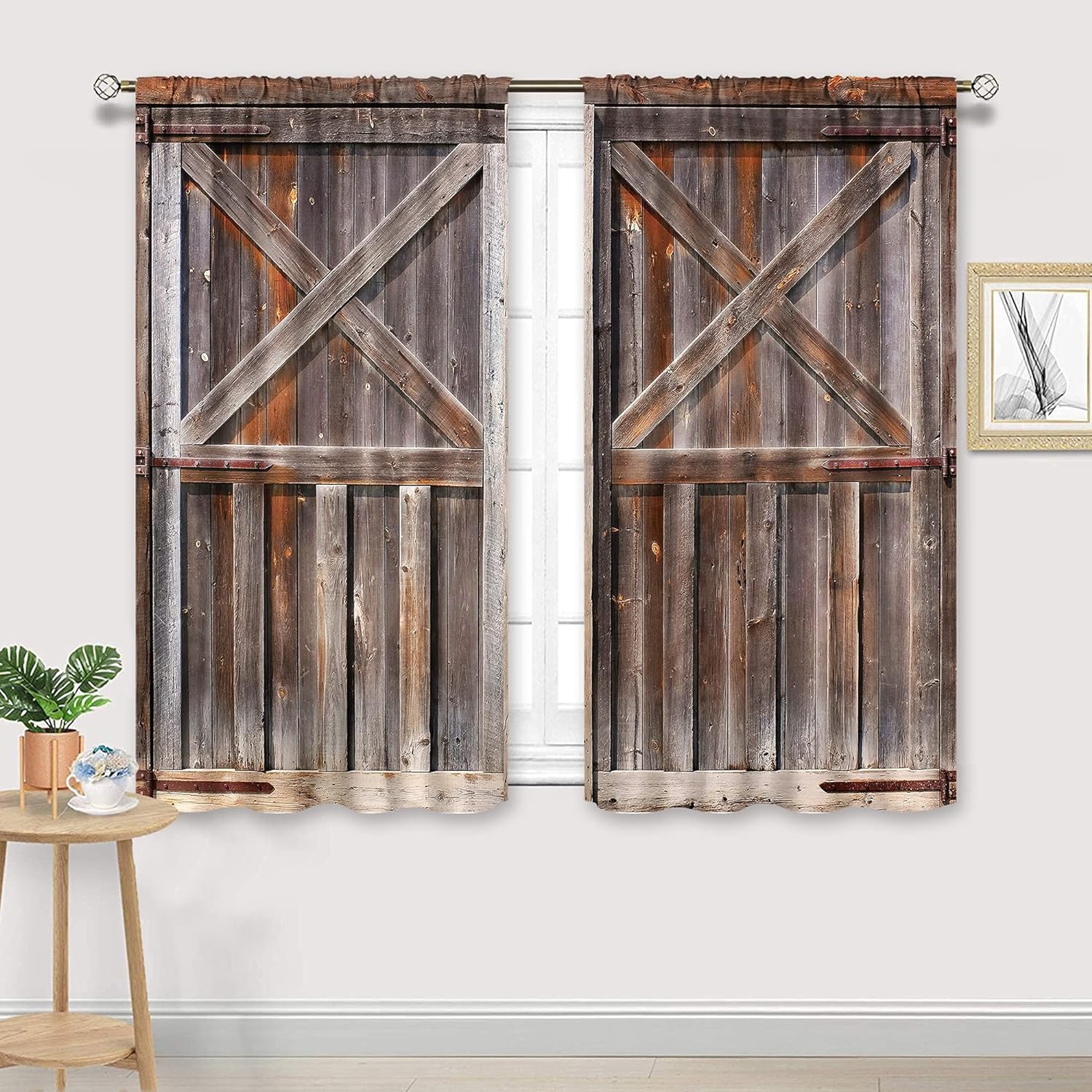 Cinbloo Rustic Wooden Garage Door Curtains Rod Pocket Brown Vintage Barn Farmhouse Western Wood Country Cabin Barnwood Printed Living Room Bedroom Window Drapes Treatment 2 Panels 42 (W) x 52 (L) Inch