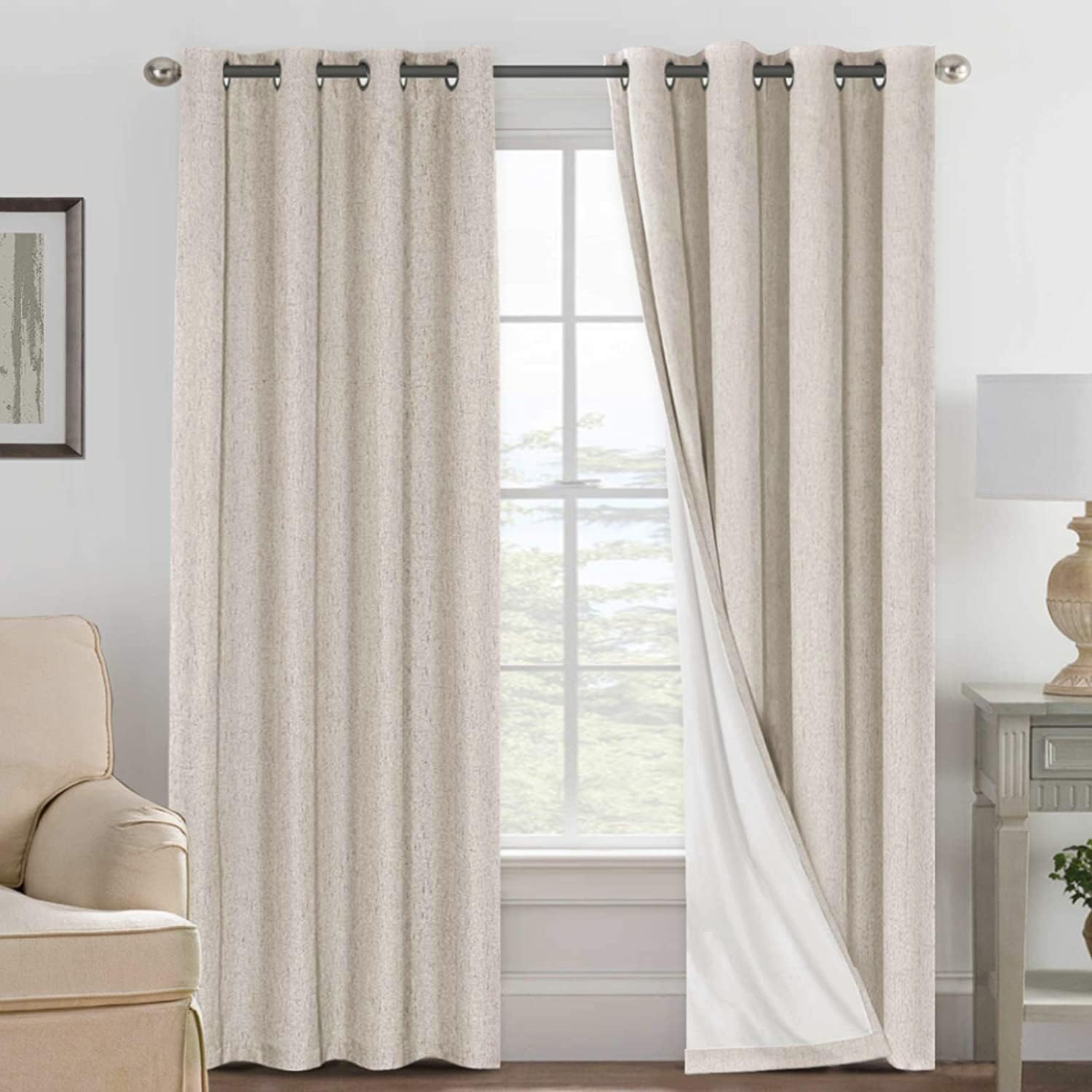 H.VERSAILTEX Blackout Curtains, Linen Curtains 108 inches Long 100% Black Out Curtains for Bedroom Windows, Textured Linen Look Draperies Grommet with White Liner, 2 Panels, Natural