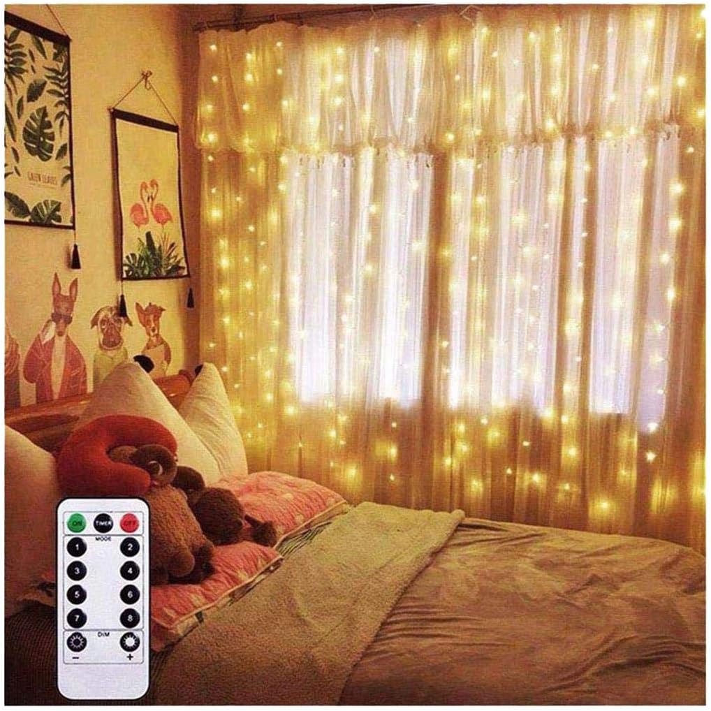 AMARS Curtain Lights 6.5ft x 6.5ft Warm White Backdrop LED Window Fairy String Lights Battery Operated with 8 Modes Remote Control Timer for Bedroom Wedding Party Christmas Indoor Outdoor