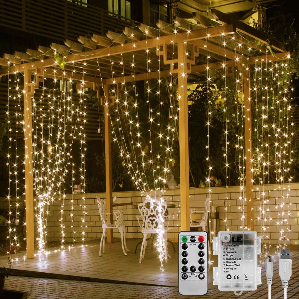 Lighting EVER Curtain Lights Battery Operated & USB Plug in, Remote, 10 x 10 ft Hanging Fairy Lights for Bedroom Wall, 300 LED Indoor Outdoor Backdrop Lights for Wedding Party, Patio Gazebo