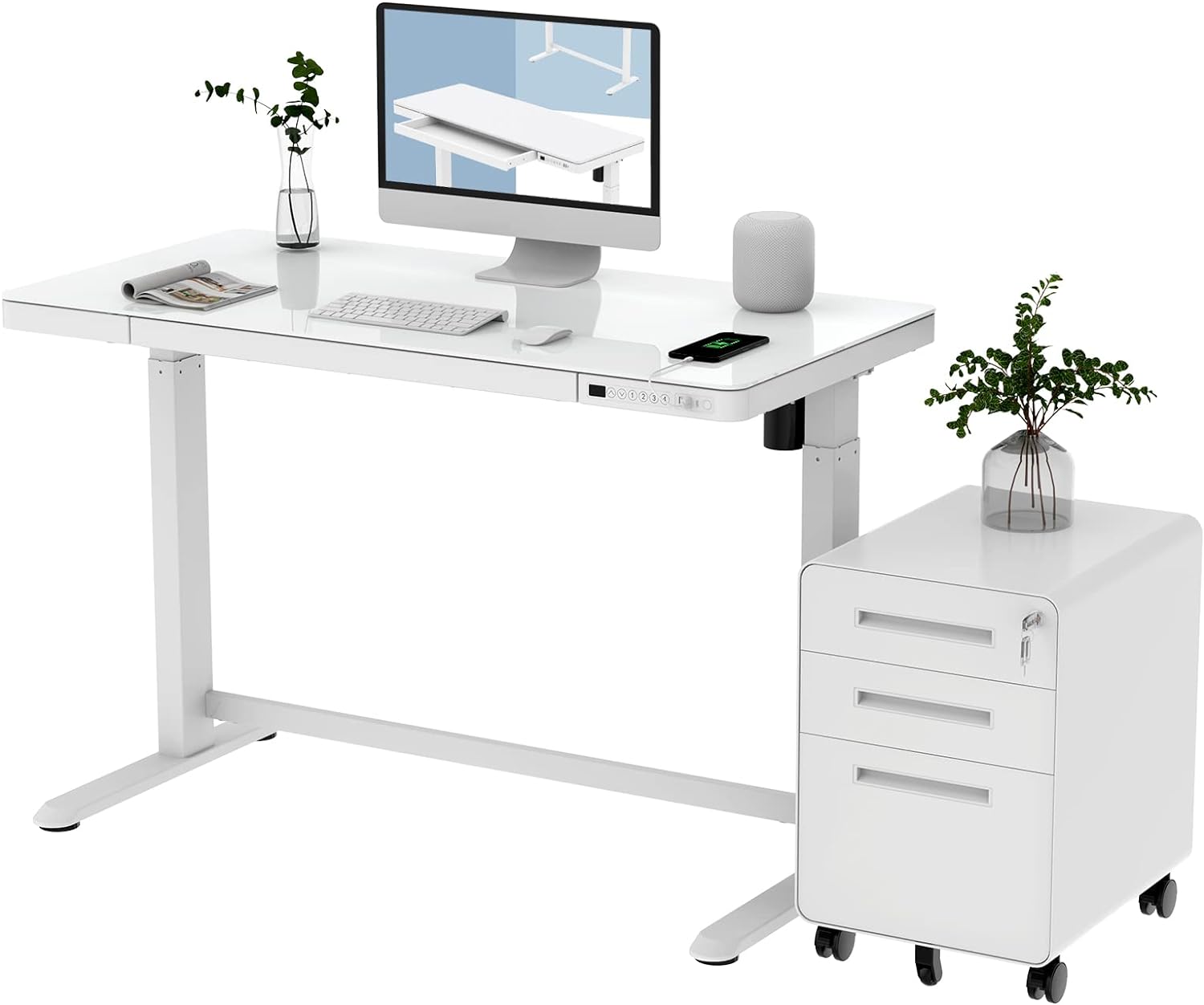 FLEXISPOT EG8 Glass Electric Standing Desk with White Cabinet 48 Adjustable Stand Up Desk Quick Install Home Office Table with Storage Drawer Charging USB Port (Tempered Glass   White Frame)