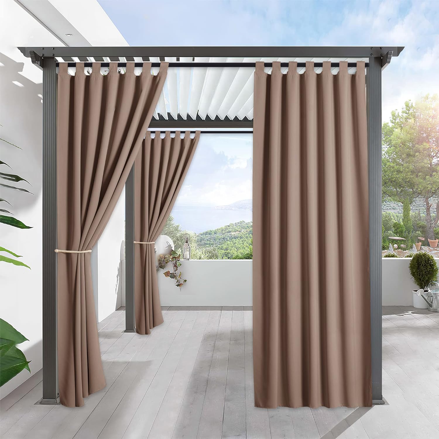 RYB HOME Outdoor Curtains for Porch - Blackout Waterproof Exterior Privacy Shades for Front Gazebo Garden Patio Door Garage, 1 Panel, Width 52 x Length 84 Inch, Mocha