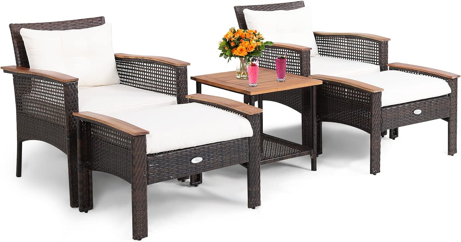 Tangkula 5 Pieces Wicker Patio Furniture Set, Patiojoy Outdoor Acacia Wood Cushioned Conversations Set with Ottomans and Storage Table, for Porch, Garden,Deck and Poolside (Off White)