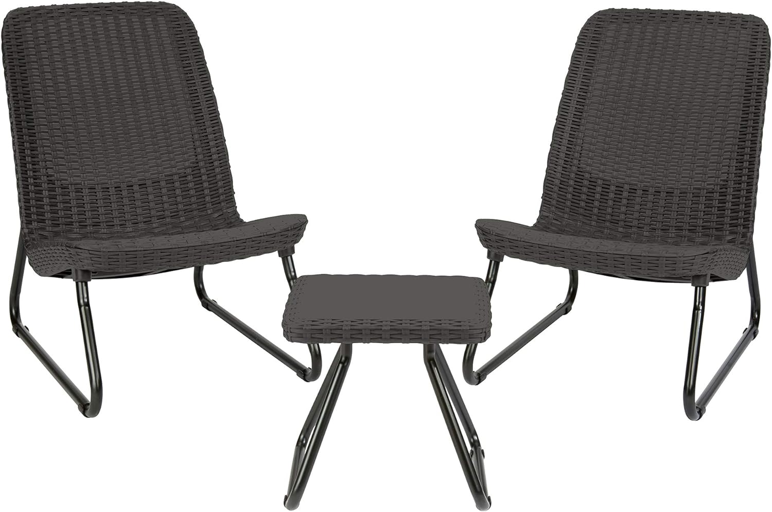 Keter Rio 3 Piece Resin Wicker Patio Furniture Set with Side Table and Outdoor Chairs, Dark Grey