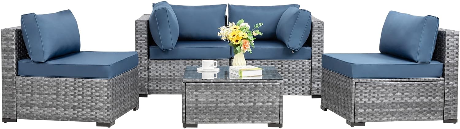 Shintenchi 5 Pieces Outdoor Patio Sectional Sofa Couch, Silver Gray PE Wicker Furniture Conversation Sets with Washable Cushions & Glass Coffee Table for Garden, Poolside, Backyard (Aegean Blue)