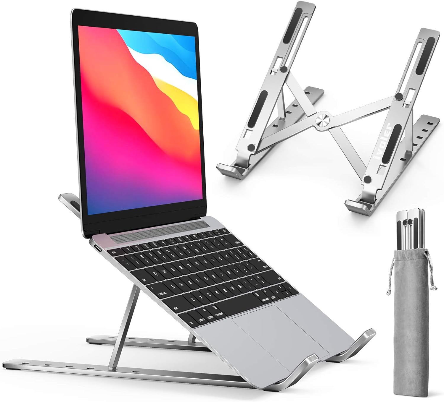 ivoler Laptop Stand, Laptop Holder Riser Computer Tablet Stand, 6 Angles Adjustable Aluminum Ergonomic Foldable Portable Desktop Holder Compatible with MacBook,iPad, HP, Dell, Lenovo 10-15.6 Silver