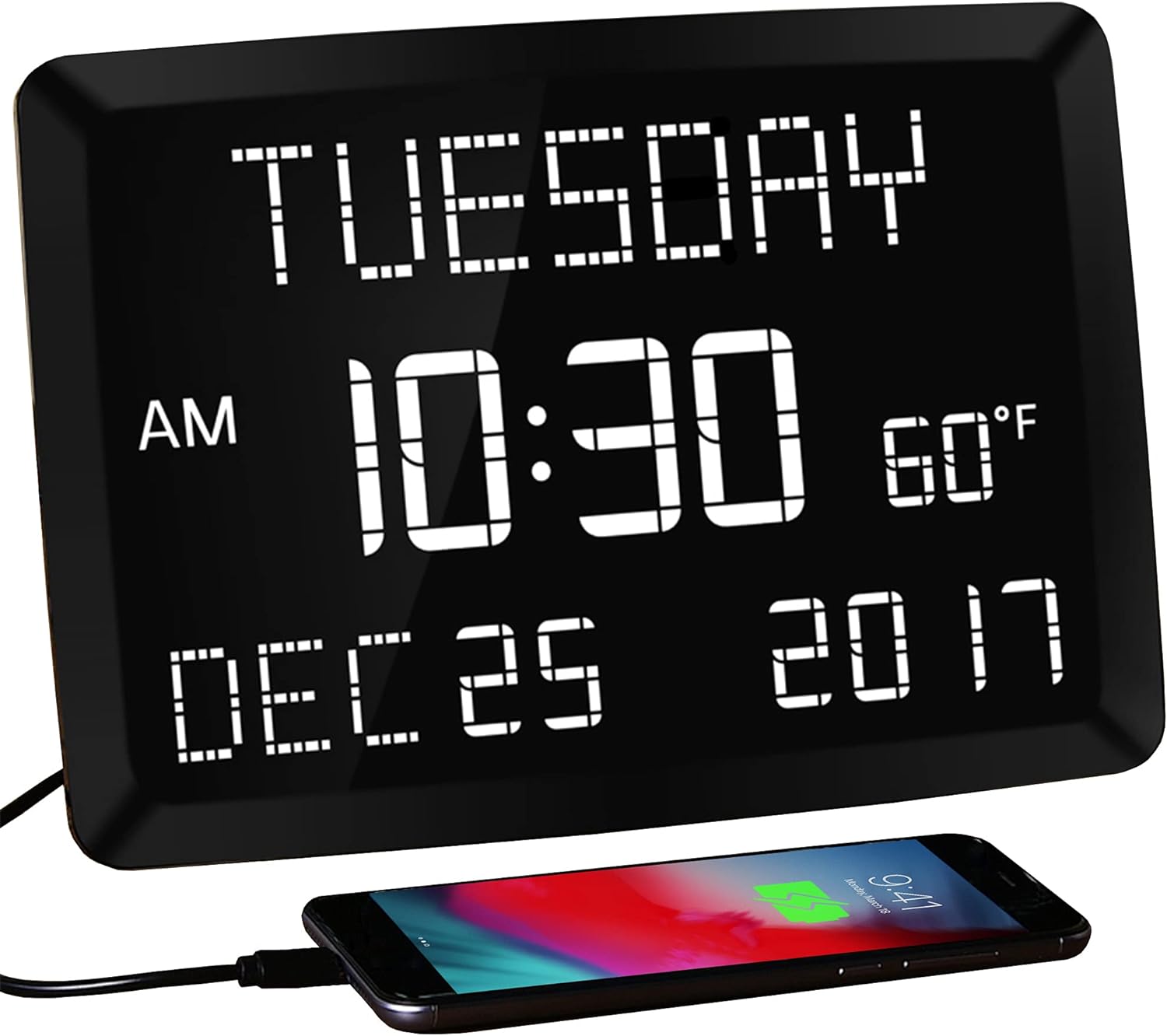 I bought this Digital Clock as a gift for a friend and he loves! The fact that shows the hours in big digital numbers. It also shows the date like day, month, year and also shows the temperature all that is a plus for him. He loved the gift and I'm happy with that.