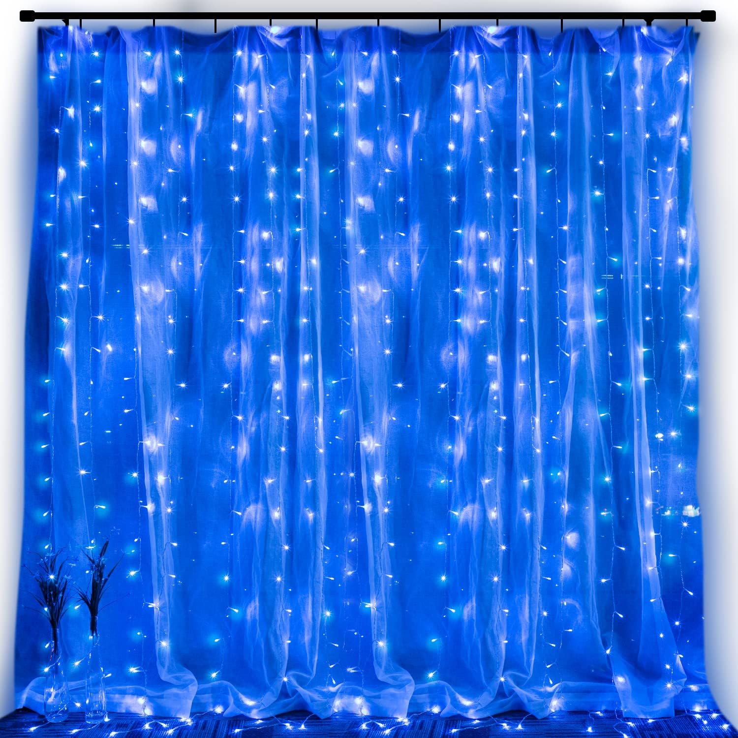 Brightown Hanging Window Curtain Lights 9.8 Feet Dimmable, Connectable with 300 Led, Remote, 8 Lighting Modes, Timer for Bedroom Wall Party Indoor Outdoor Decor, Blue Lights (Curtain is Not Included)