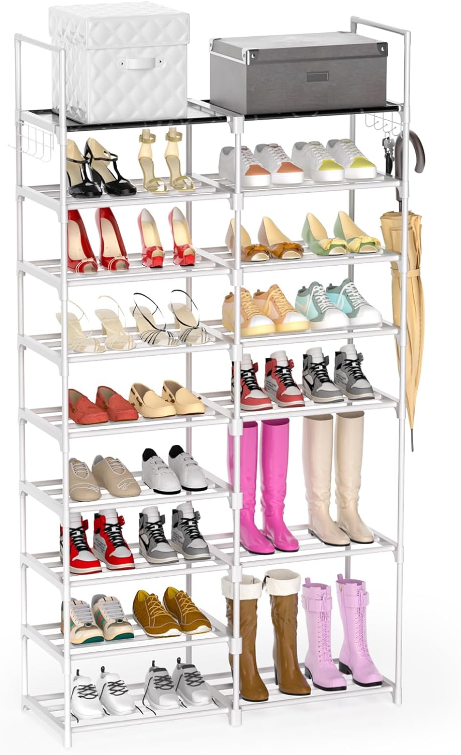 DOADW 9-Tier Large Shoe Rack for Entryway - Sturdy Durable Tall Shoe Organizer for Closet, Metal Shoe Shelf with Hooks for up to 28-32 Pairs, Space Saving Shoe Stand for Bedroom Garage Hallway (White)