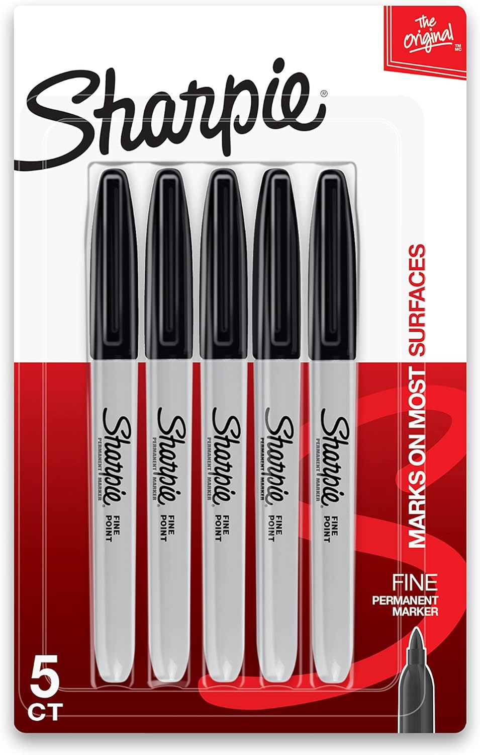 Sharpie Permanent Marker, Fine Point, Black, Pack of 5