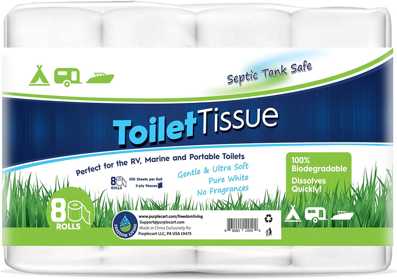 Freedom Living RV Toilet Paper (2-Ply, 8 Rolls, 500 sheets each) - Biodegradable Septic Tank Safe Rapid Dissolve Toilet Tissue for Camping, Marine, RV Holding