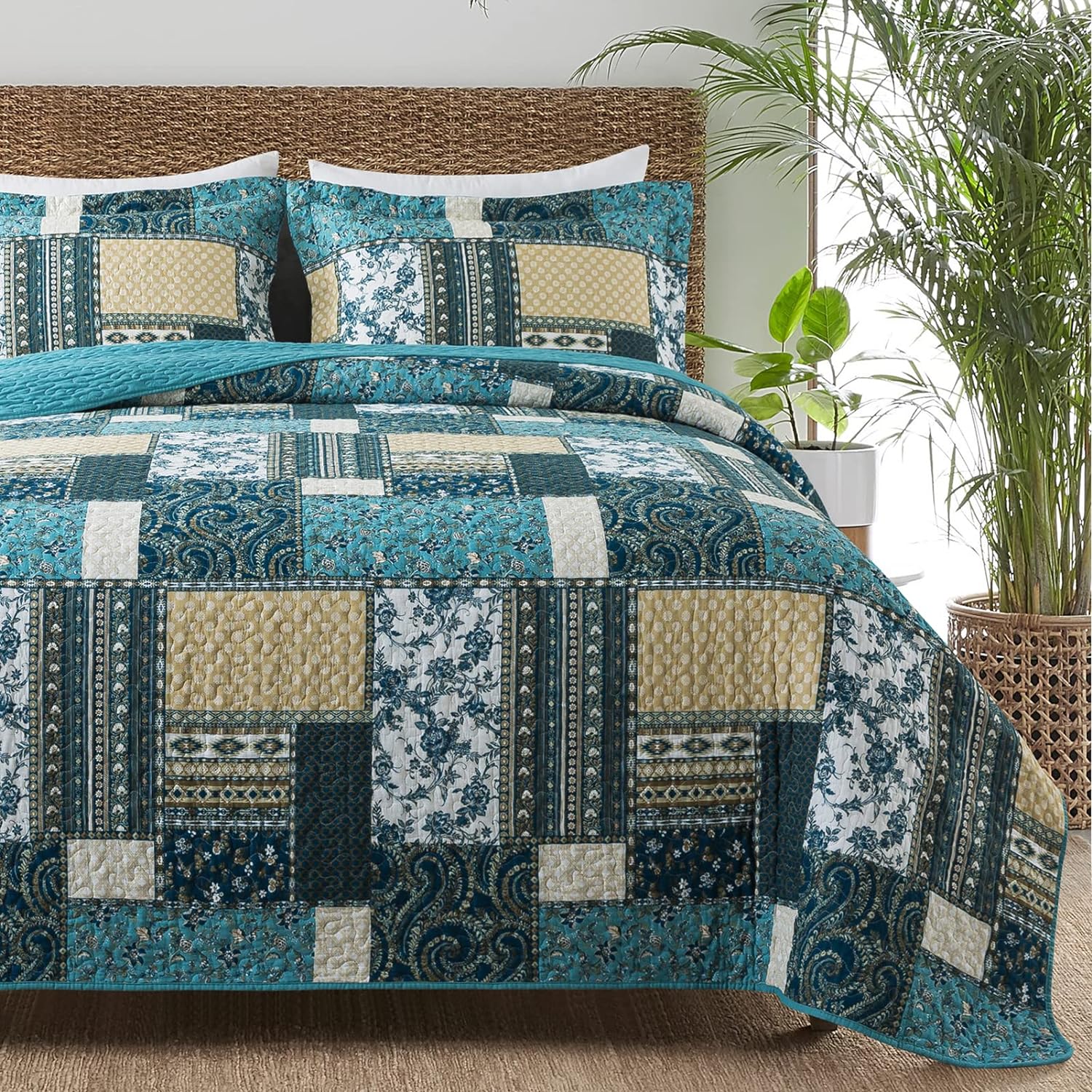 TWINRUN Quilt Queen Size, Cotton Blue Turquoise Queen Quilt Bedding Set, 3-Pieces Soft Patchwork Lightweight Bedspread Queen Size for All Season