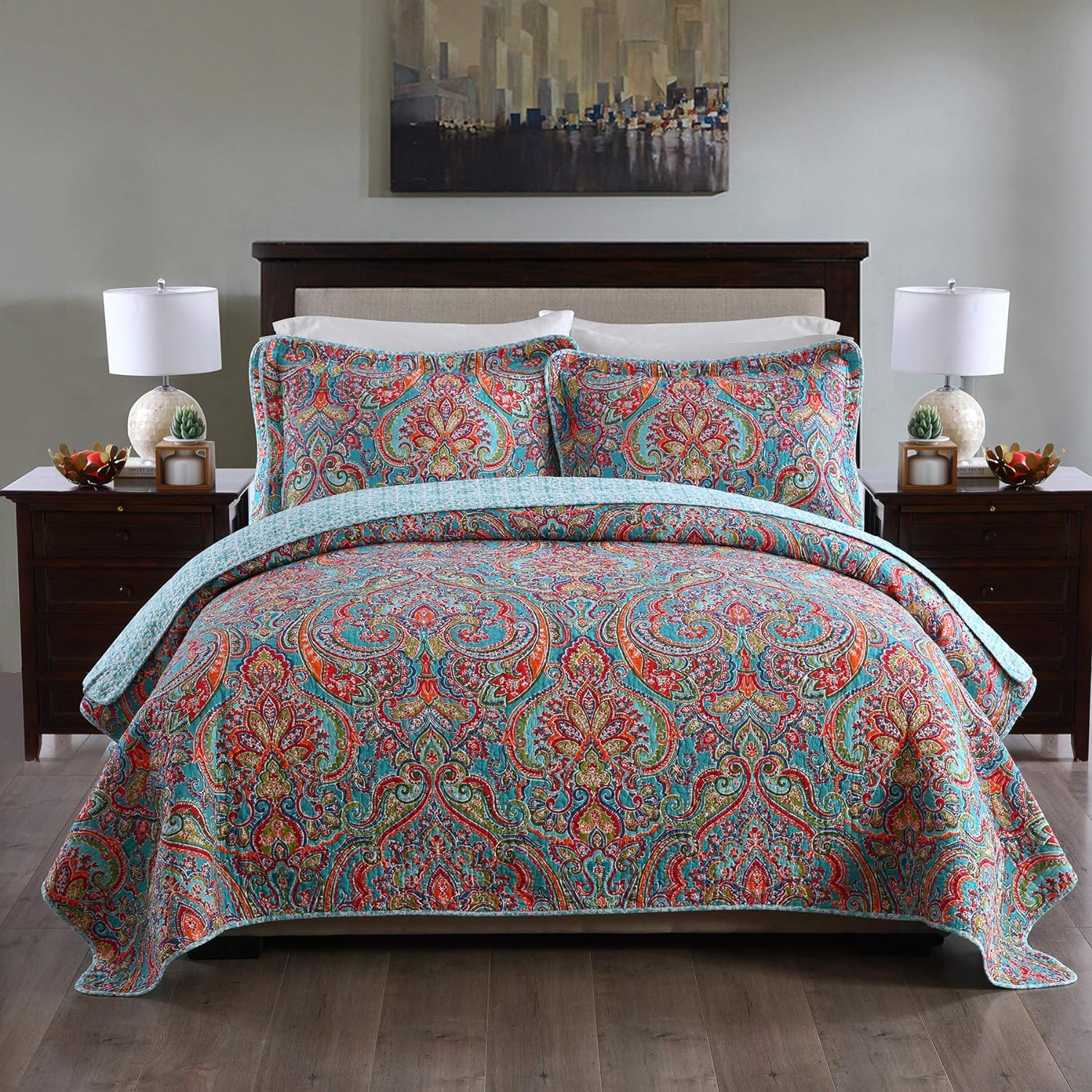 MaiuFun Cotton Bedspread Quilt Sets King Size (96x108 Inch), Reversible Gorgeous Paisley Floral Patchwork Patterns, 3-Piece Bedding Coverlet for All Season (1 Quilt + 2 Pillow Shams)