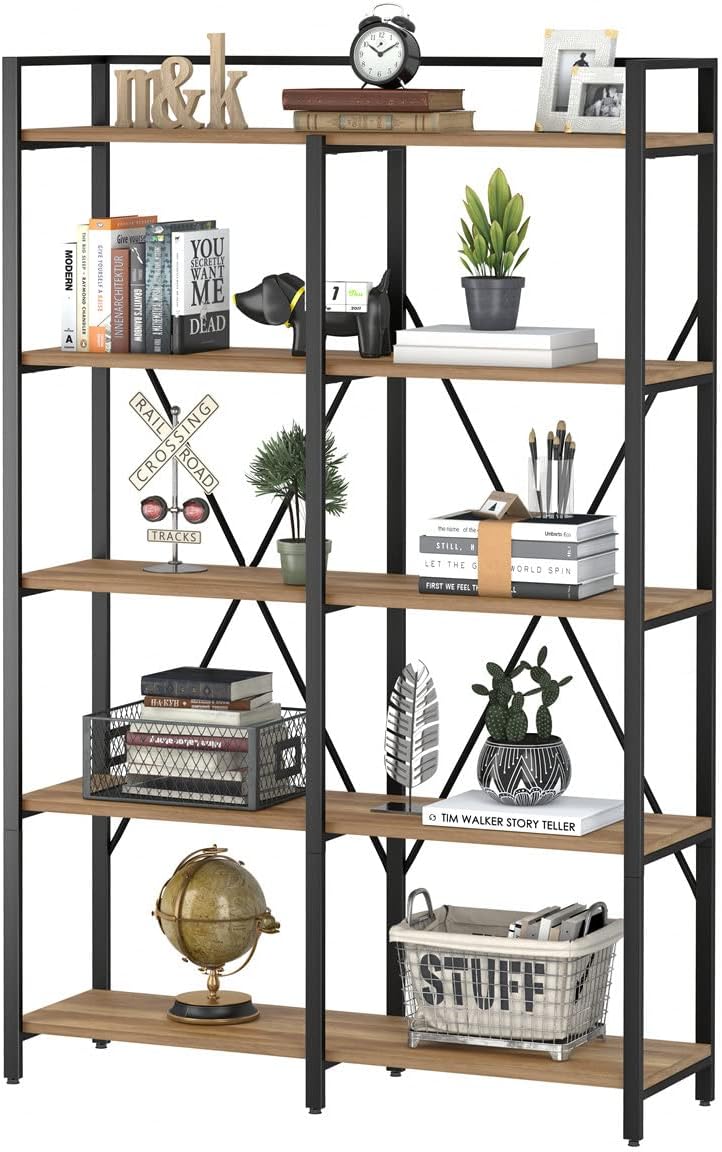 BON AUGURE Bookshelf, Industrial 5 Tier Large Etagere Bookcase, Farmhouse Book Shelves for Office, Living Room and Bedroom, Rustic Wood Metal Shelving Unit (Vintage Oak, 43.31 inch Wide)