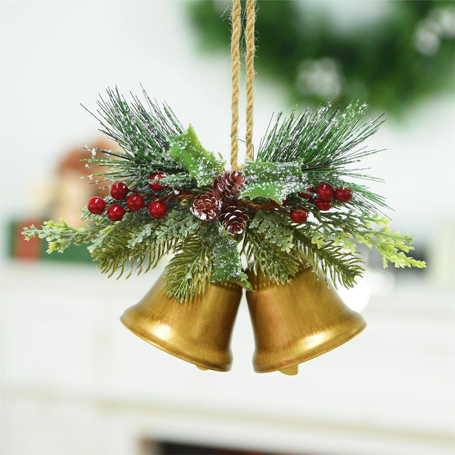 Christmas Bells Decor,VUSKLY Christmas Bells Metal Gold Bell Ornaments with Jute Hanging Rope Hanging Door Bell Rustic Christmas Bells for Door Tree Wearth Decorations,7.1 L*2.8 W*8.7 H