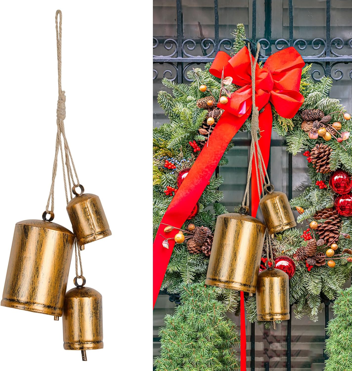 Cow Bell Set of 3 Christmas Cow Bells Rustic Vintage Lucky Cow Bell Handmade Harmony Giant Christmas Decoration Bell Antique Gold Brass Wall Hanging Bell Country Style Bell Ornaments for Tree