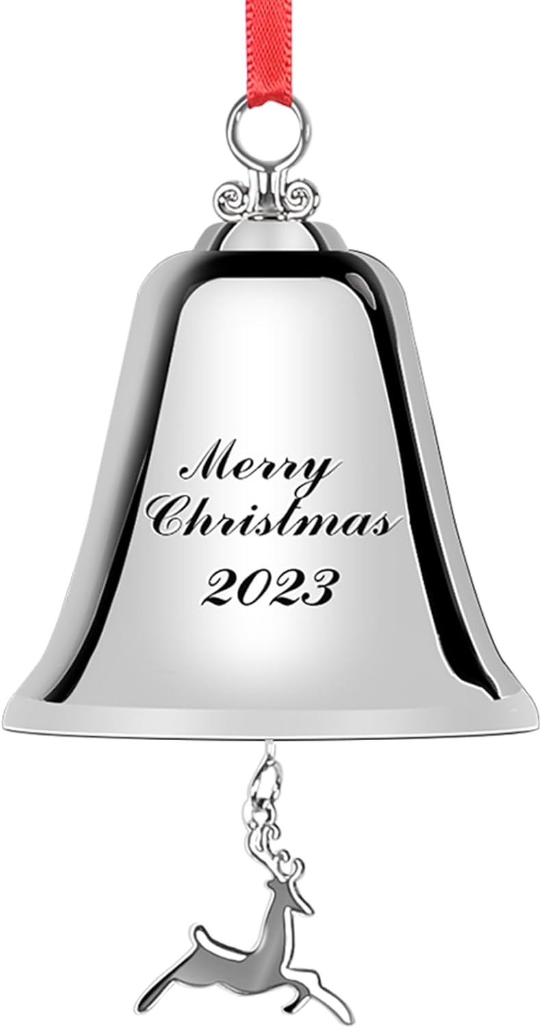 Bell Ornaments with Christmas Deer and Xmas Tree Print 2023, Silver Bells Christmas Decorations, Bell Ornaments for Christmas Tree Decorations Indoor, Annual Bell Ornament Includes Gift Box