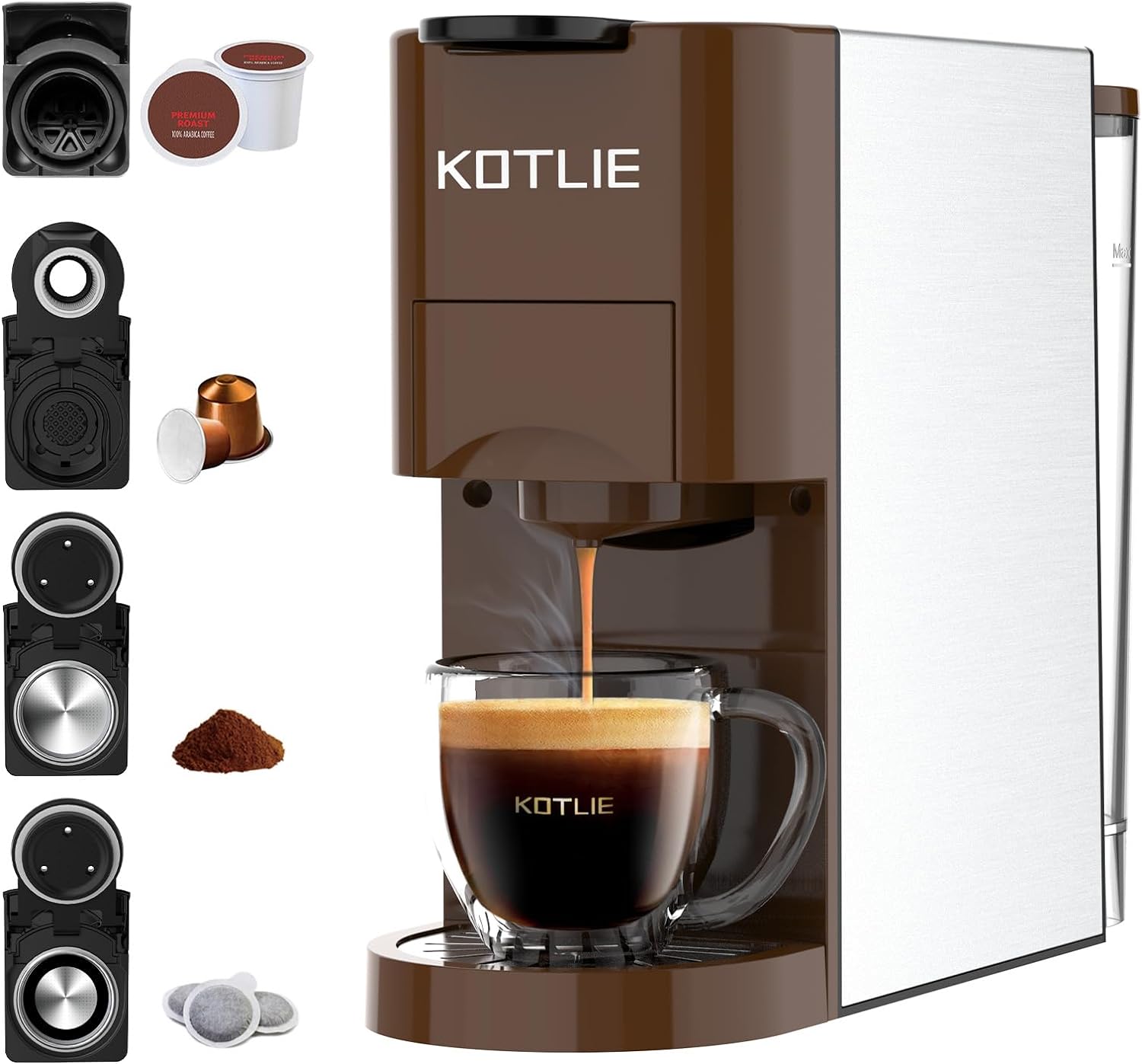 KOTLIE Single Serve Coffee Maker, 4in1 Espresso Machine for Nespresso Pods, K cups, L'OR, Ground Coffee, illy Coffee ESE, 19Bar Espresso Maker, 1450W Fast Heat Coffee Machine(Coffee)