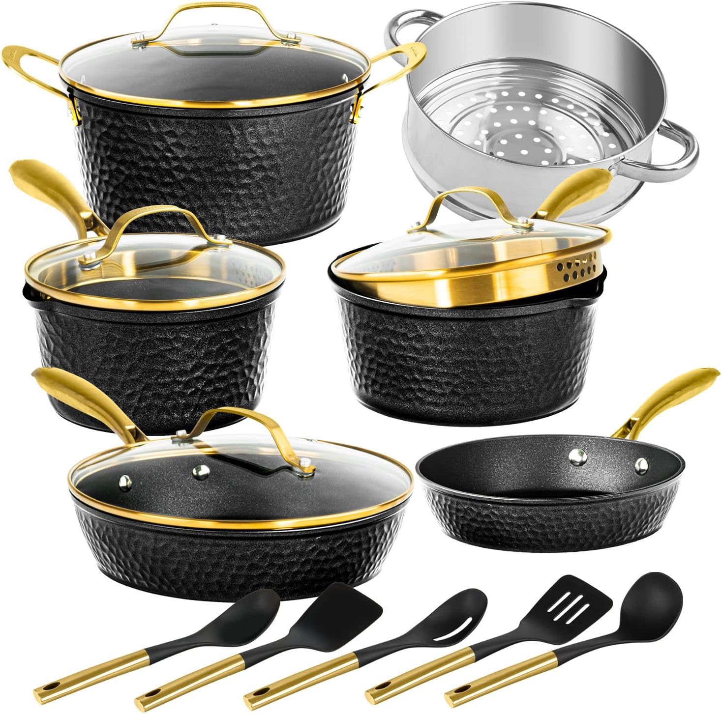 Granitestone 15 Piece Pots and Pans Set - Nonstick Ceramic Cookware, Frying Pans, Pot Set, Induction and Dishwasher Safe - Black