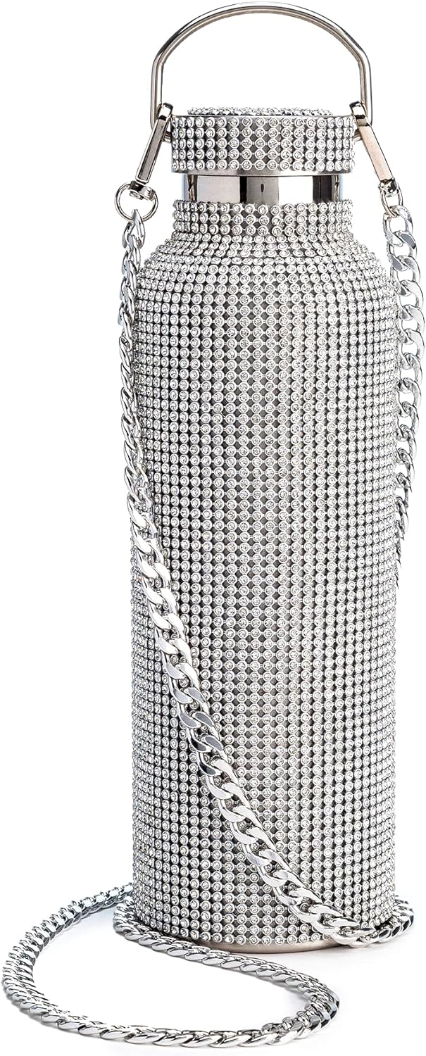 Paris Hilton Diamond Bling Water Bottle With Lid And Removable Carrying Strap, Stainless Steel Vacuum Insulated, Bedazzled With Over 5000 Rhinestones, 25-Ounce, Silver