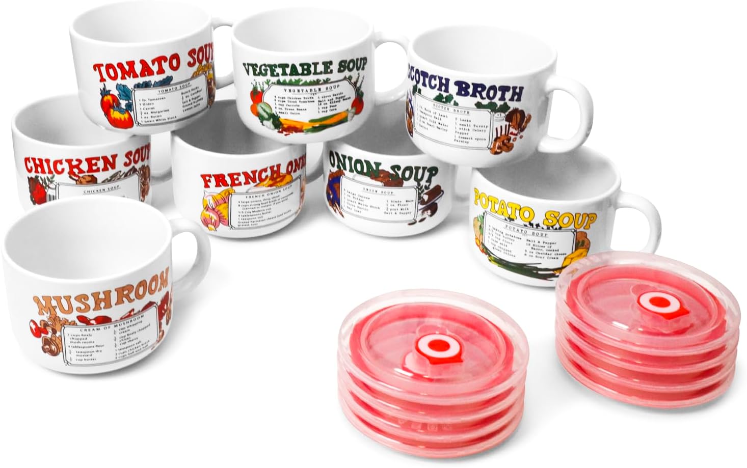 8 27 Oz Soup Bowls With Lids - Retro Soup Recipe Ceramic Mugs With Vented Lids and Handles - Pack of 8 - Microwave and Dishwasher Safe - For Soup, Instant Noodles, Cereal