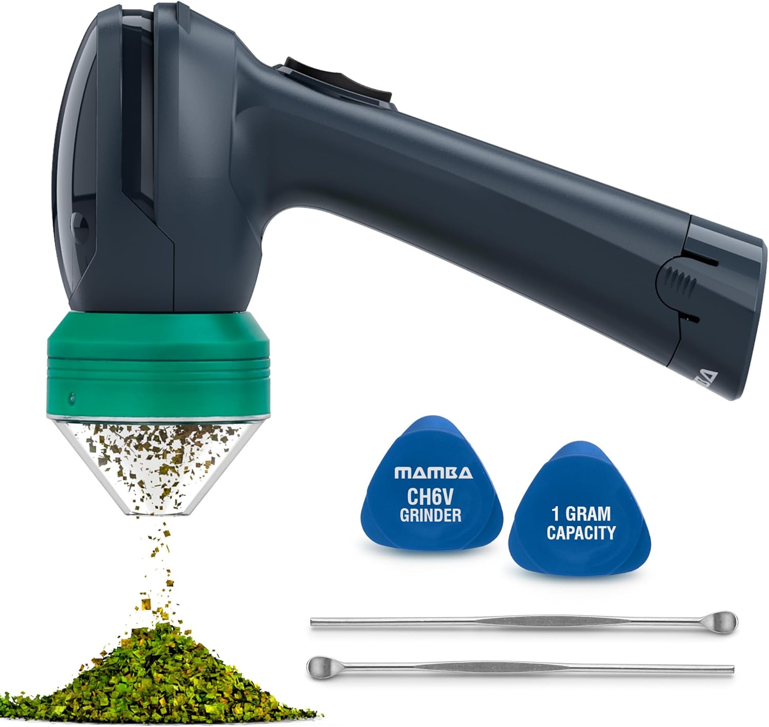 Mamba 1g 50mm Green Plastic-Head Electric Battery Herb Grinder. 6V Powered One Handed Mill. Easy Press Two-Direction Switch for Simple Product Grinding