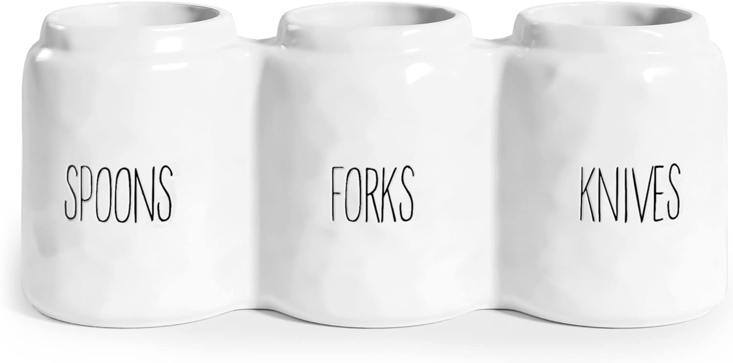 Barnyard Designs Silverware Caddy for Countertop - Cutlery Organizer for Spoon, Fork, and Knife - Ceramic Utensil Holder for Flatware or Plasticware - Perfect for Parties - 12.5 x 4.25 x 5