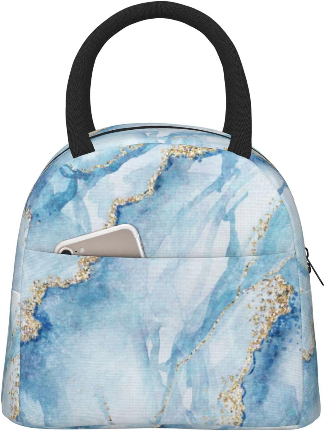 Fiokroo Lunch Bag Insulated Blue Marble With Gold Yellow Marbling Texture Lunch Box Reusable Lunch Tote Bag For School Work College Outdoor Travel Picnic, 10l