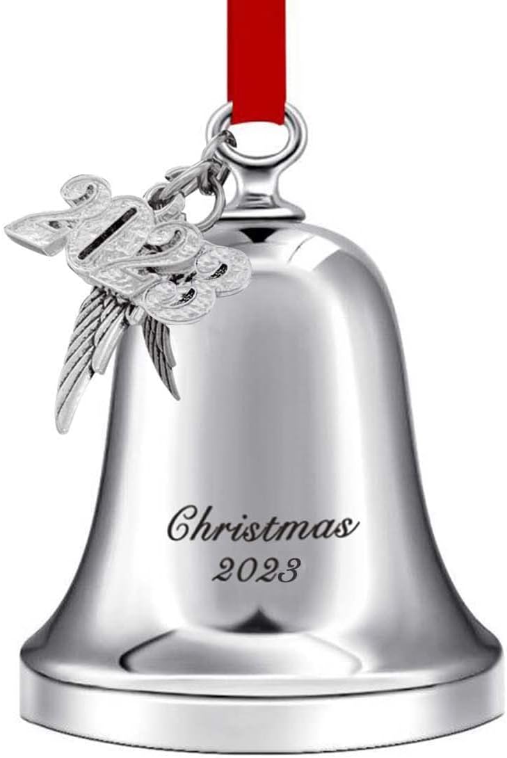 Christmas Bell Ornament Iron Plated Bell Ornament with Red Ribbon Perfect Annual Christmas Tree Decoration 2023 (Silver