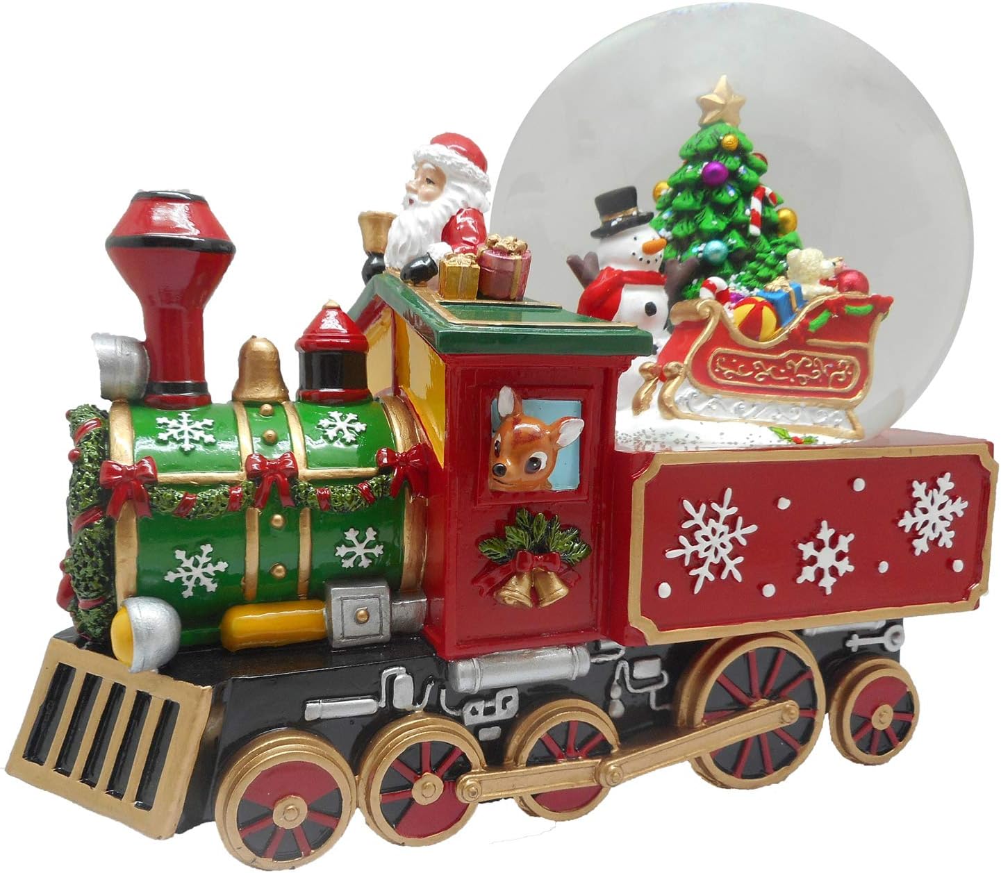 Lightahead Musical Christmas Santa Driving The Train Figurine with Snowman Gifts Christmas Tree Inside Falling Snow Water Ball Snow Globe in Polyresin