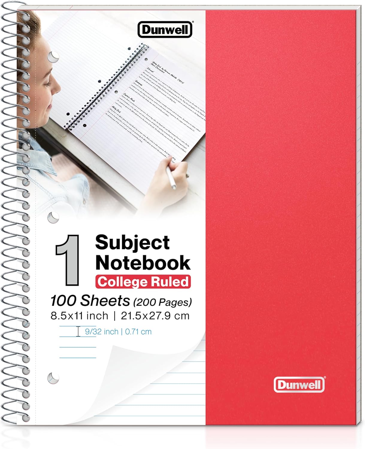 Dunwell 1 Subject Spiral Notebook 8.5 x 11  Red Plastic Cover College Ruled Notebook, 100 Sheets, One Subject Notebook with Perforated Paper, 2 Inner Pockets, Spiral Notebook for School Note Taking