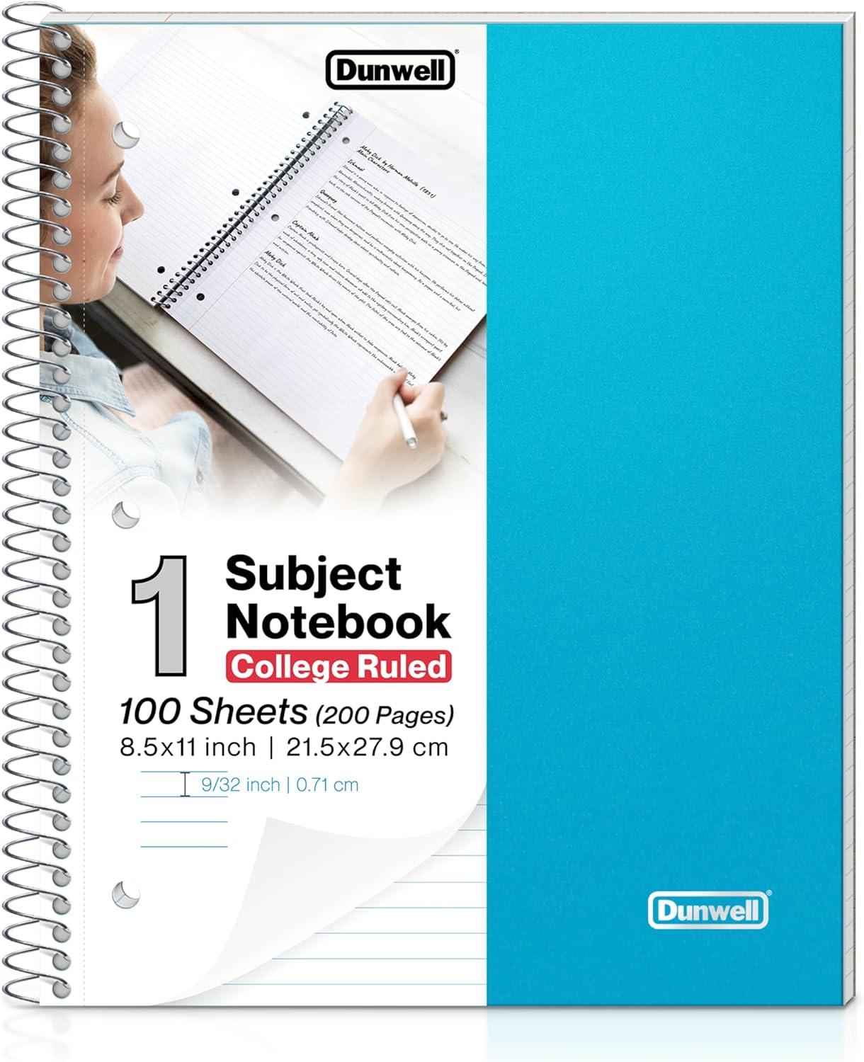 Dunwell 1 Subject Spiral Notebook 8.5 x 11  Blue Plastic Cover College Ruled Notebook, 100 Sheets, One Subject Notebook with Perforated Paper, 2 Inner Pockets, Spiral Notebook for School Note Taking