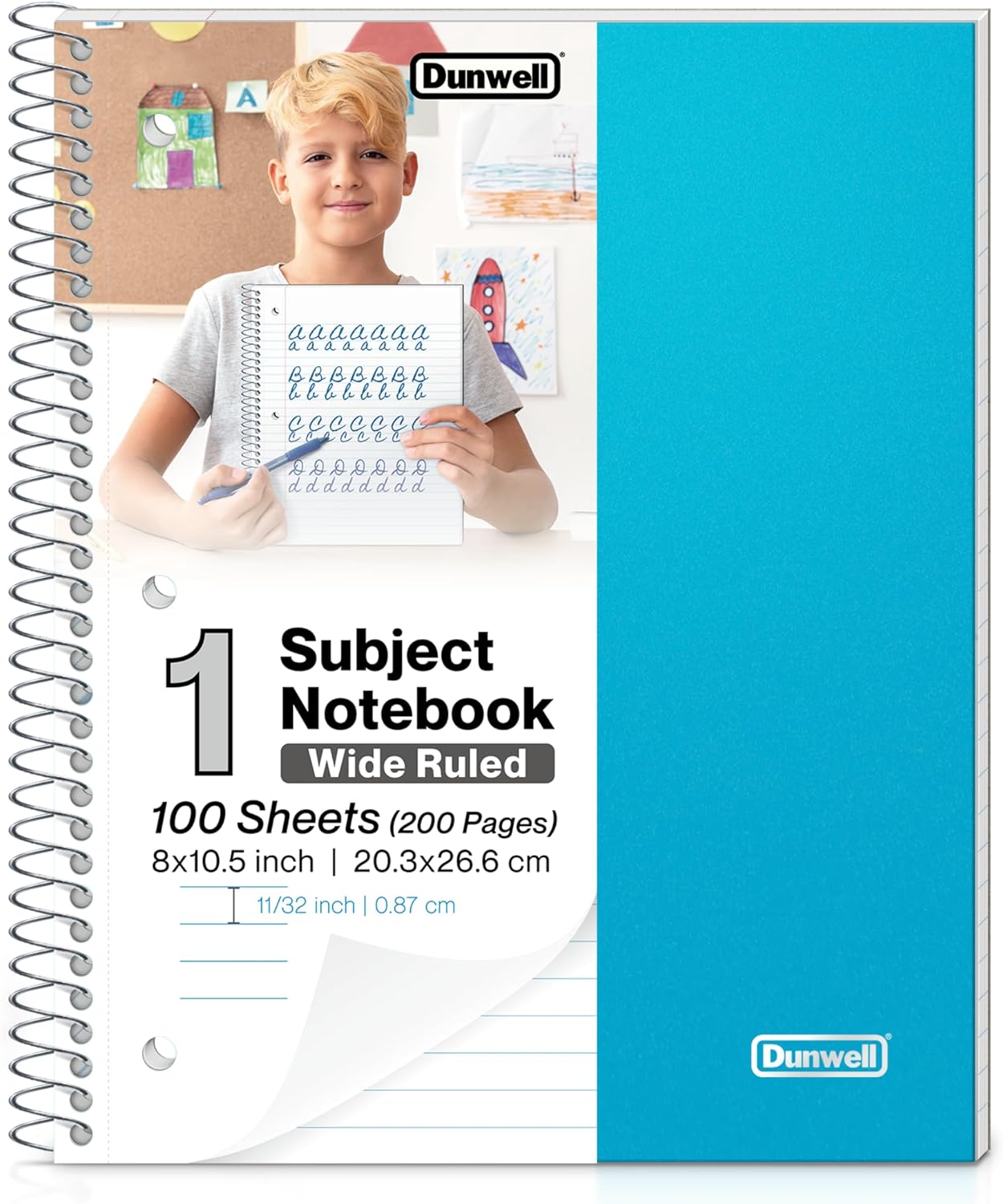 Dunwell Wide Ruled Spiral Notebook, Blue, 100 Sheets (200 Pages) 8 x 10.5 Wide Rule Notebook for Kids, Plastic Cover, 1 Subject Notebook, Inner Pockets, Perforated 3-Hole Punch Paper, School Note Book