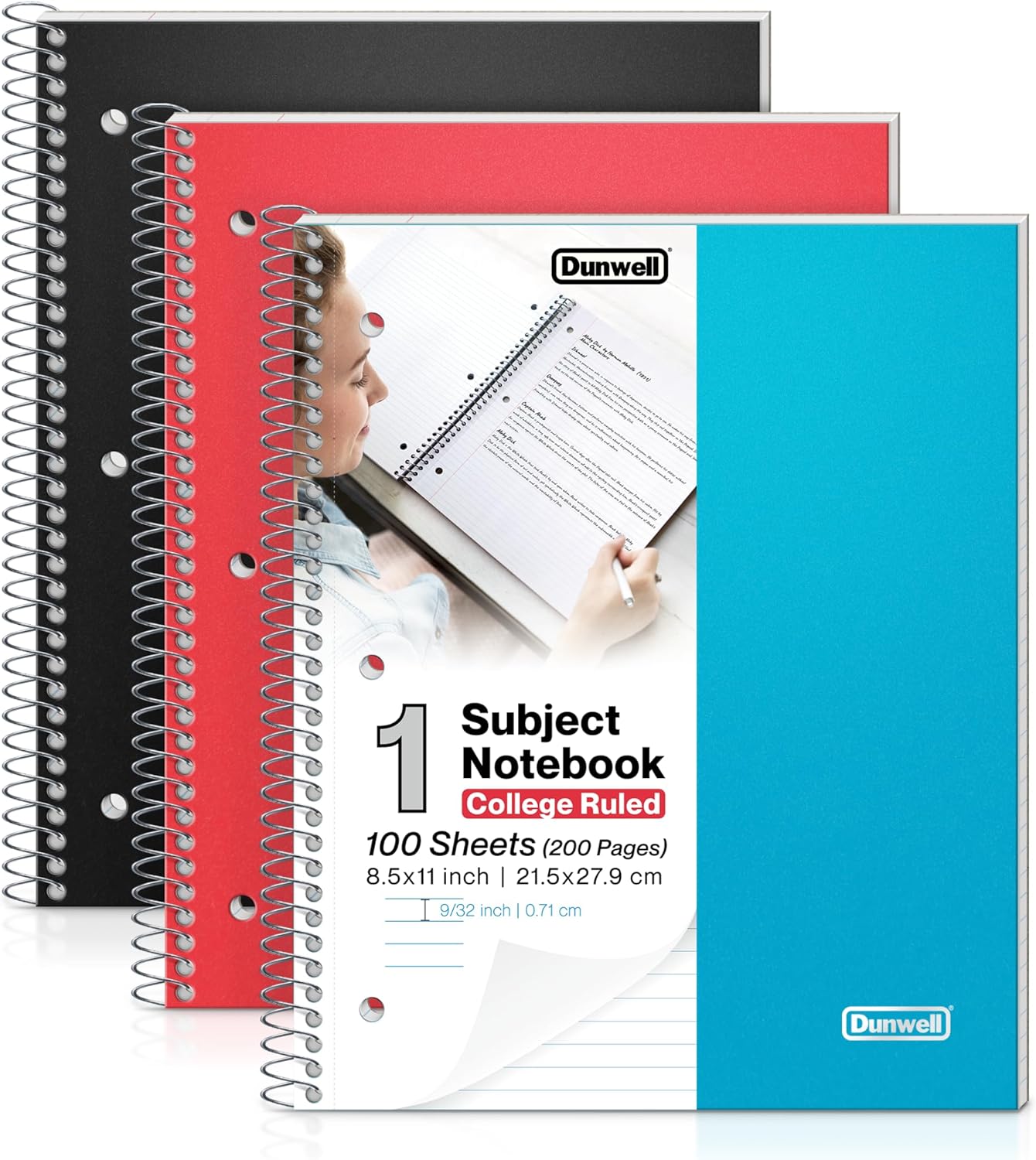 Dunwell 3-Pack 1-Subject Notebook College Ruled - 100 Sheets (200 Pages), Red, Blue, Black Spiral Notebook 8.5 x 11, Plastic Cover, Inner Pockets