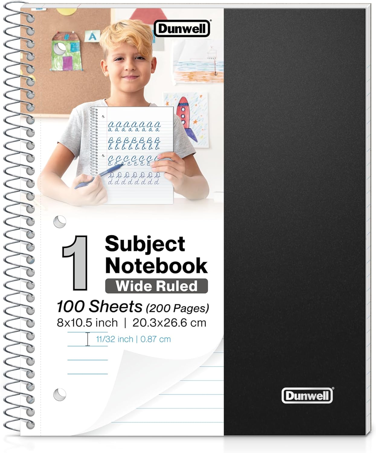 Dunwell Wide Ruled Spiral Notebook 100 Sheets (200 Pages) 8 x 10.5 Wide Rule Notebook for Kids, Black Plastic Cover, 1 Subject Notebook, Inner Pockets, Perforated 3-Hole Punch Paper, School Note Book