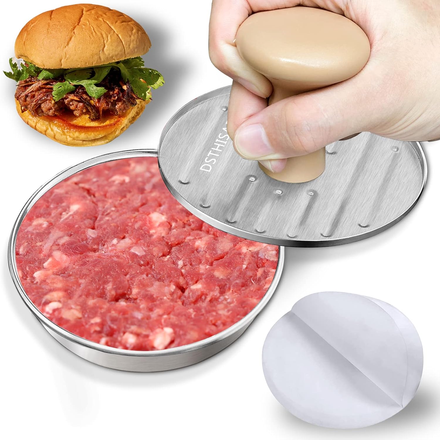 Used. To make burgers by hand. This makes perfect burgers ( with waxed paper inserts ) for large rolls.