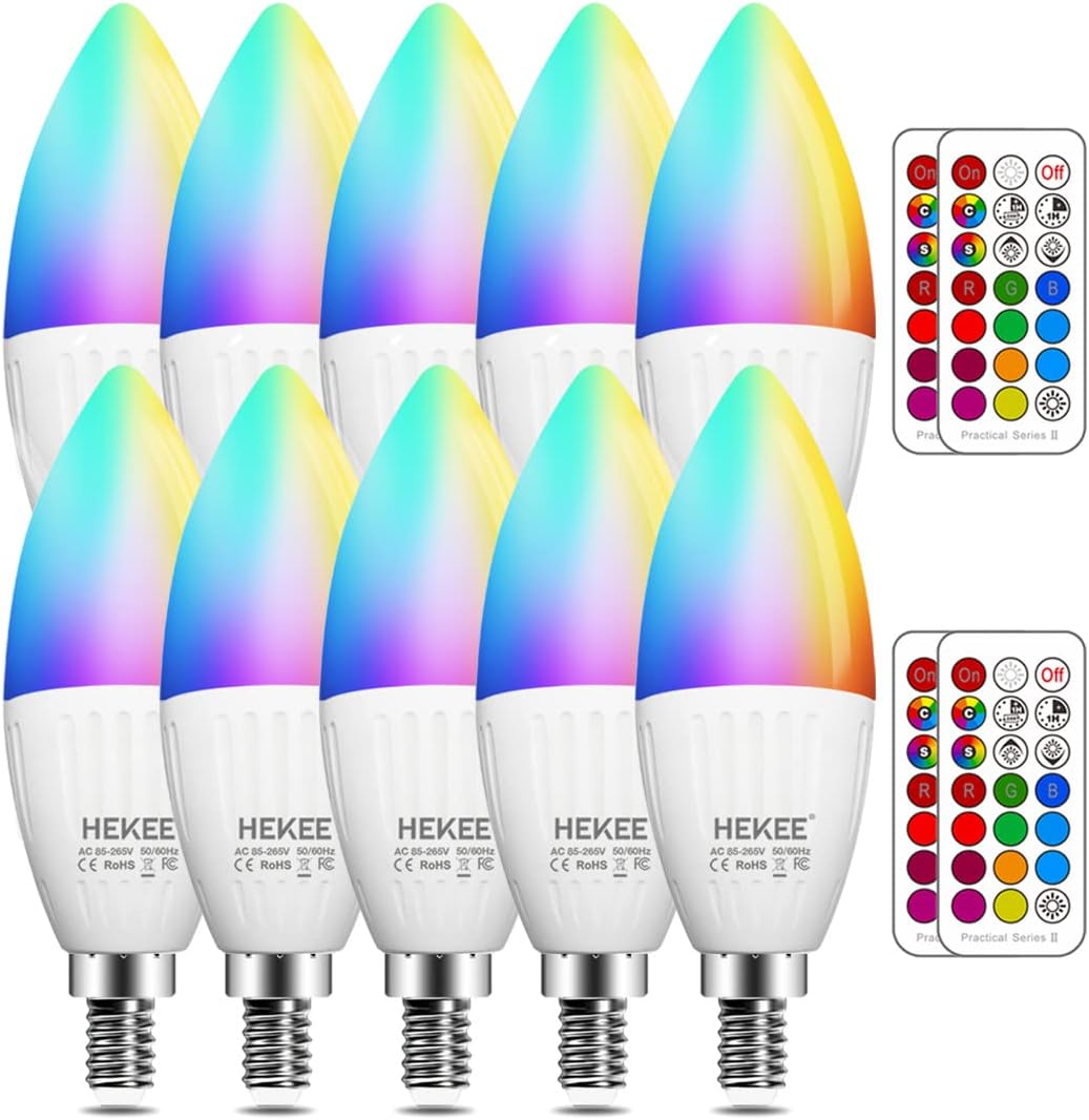 HEKEE E12 B11 LED Candle Light Bulbs, Color Changing, 40W Incandescent Equivalent, 450 Lumen, RGB   2700K Warm White, 5Watt, 12 Colors, 2 Modes, Timer, Remote Control(10 Pack)