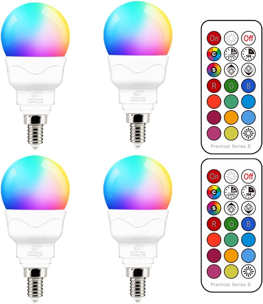 ILC E12 LED Light Bulbs (40w Equivalent) 5W, Color Changing RGB, A15 Small Base Candelabra Round Light Bulb, Candle Base, 2700K Warm White 12 Colors 2 Modes Timing with Remote Control (4 Pack)