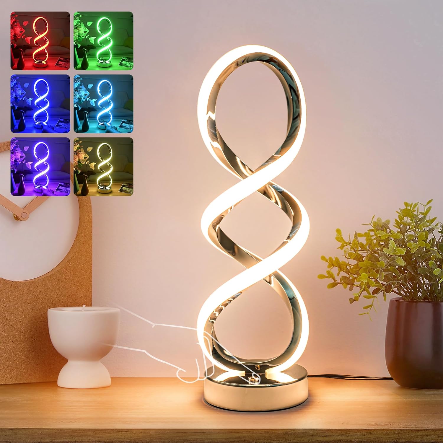 Adebime Modern Spiral RGB Table Lamp, Touch Dimmable Bedside Lamp, 7 Colors 10 Light Modes Spiral Design Table Lamp, Unique Nightstand Lamp for Living Room, Bedroom, Cool Lamps for Ideal Gift