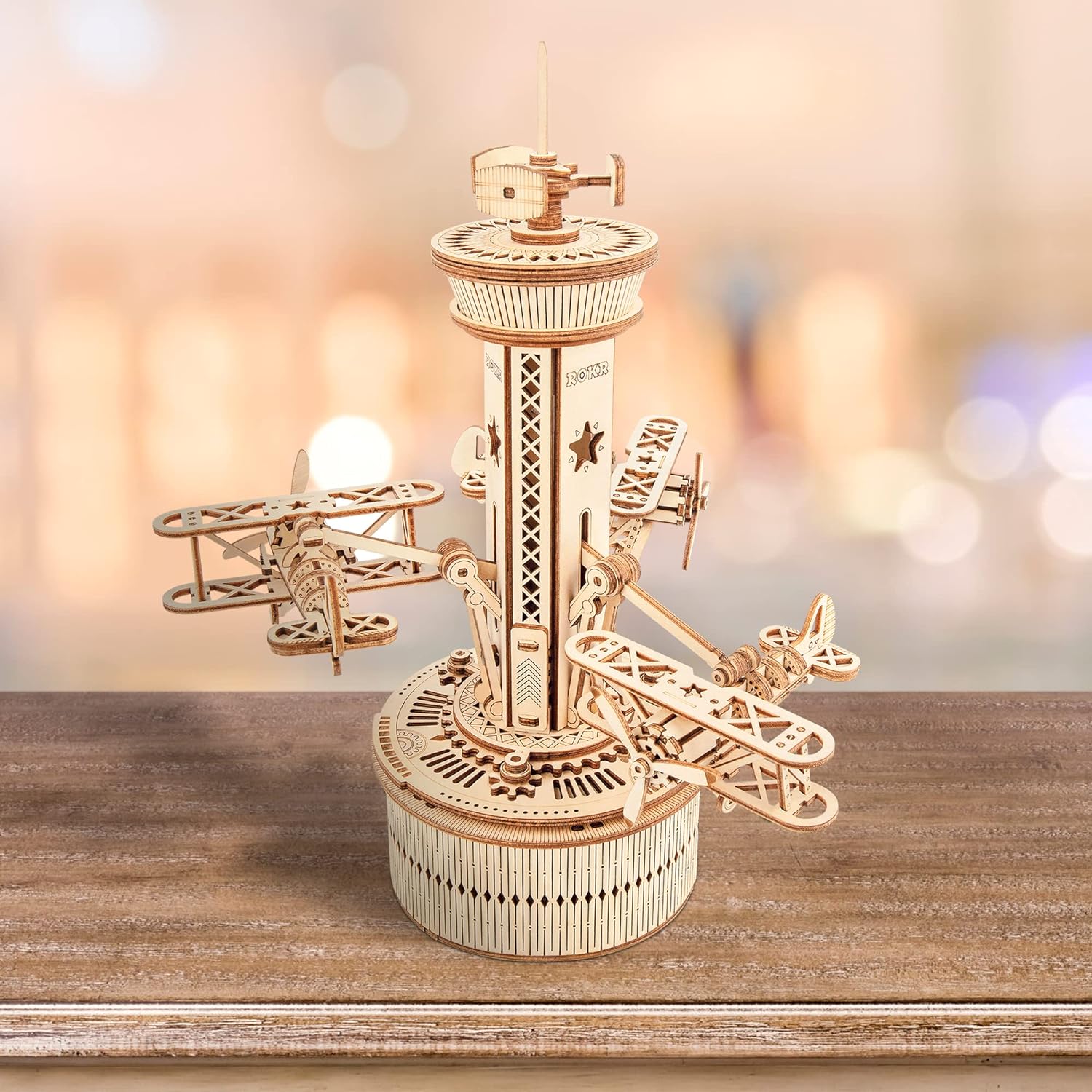 ROKR 3D Wooden Puzzles for Adults Mechanical Music Box-Airplane Tower, DIY Rotating Music Box Model Building Kits for Teens, DIY Crafts/Hobbies/Gifts Desk Decor for Boys Ages 14  (Airplane Tower)