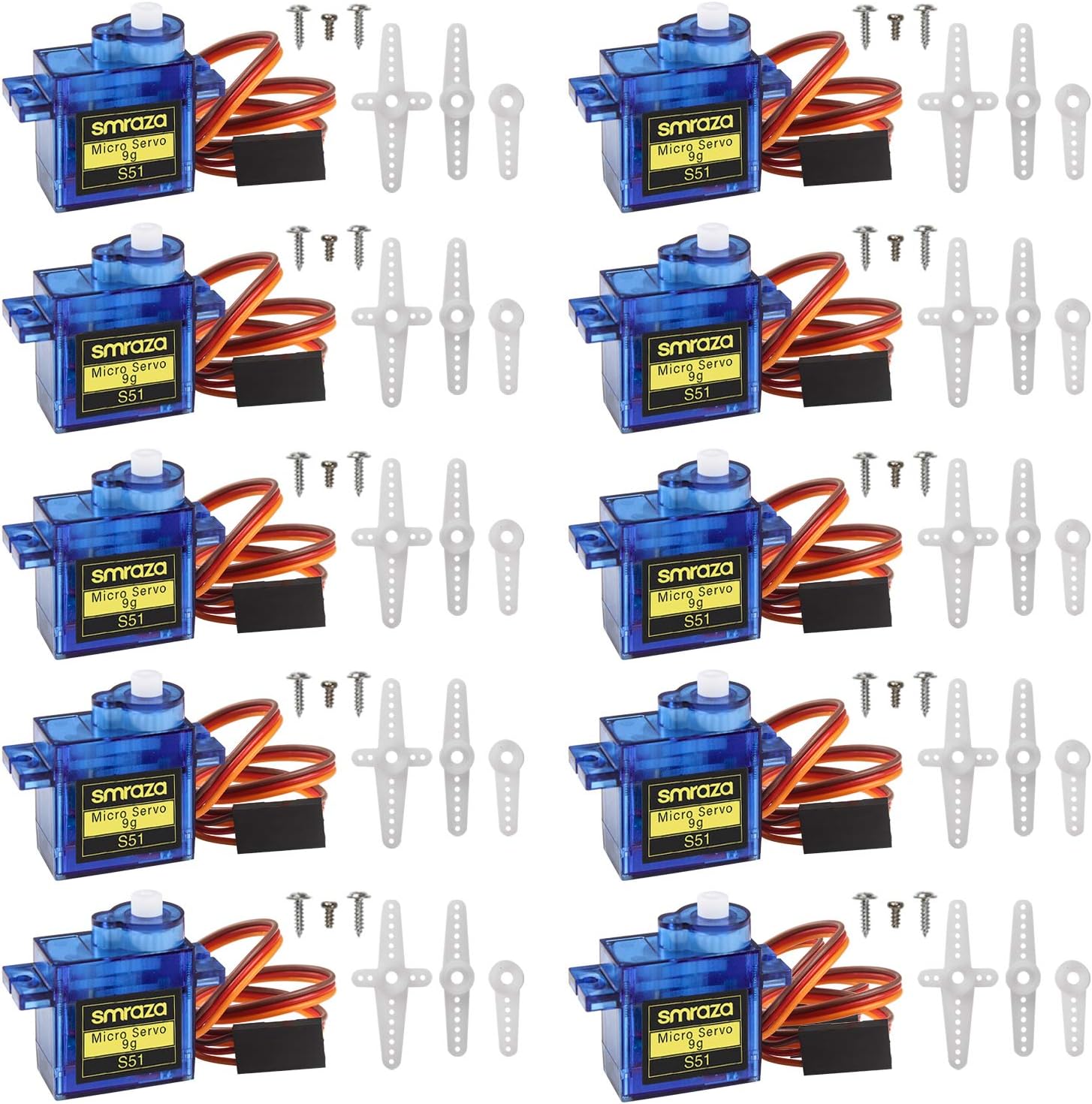 Smraza 10 Pcs SG90 9G Micro Servo Metal Geared Motor Kit for RC Robot Arm/Hand/Control with Cable, Mini Servos for Arduino Project (10)