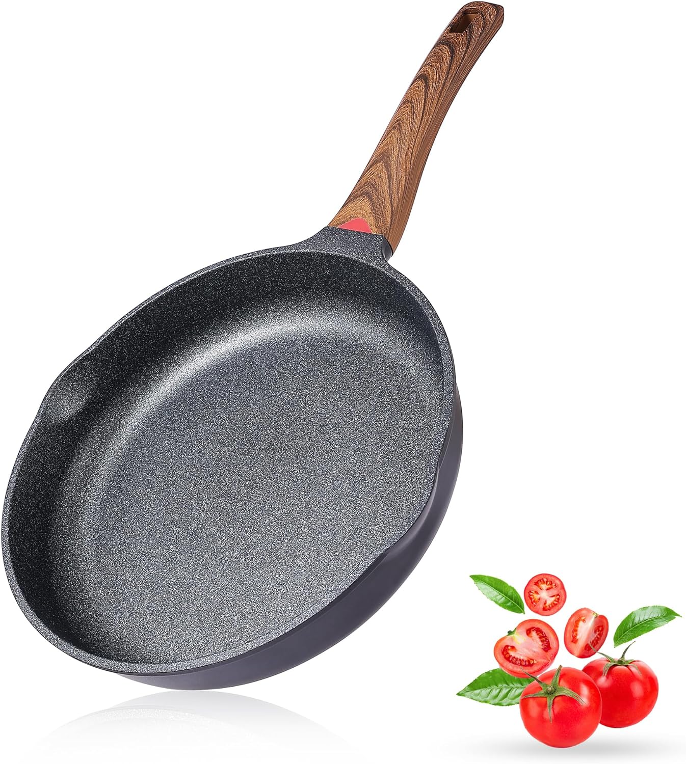 I have not owned a non stick pan before and this one is an eye opener. The handle is wood and there are no screws to clean around. Nothing sticks and so far everything cooked in this pan has been perfect.