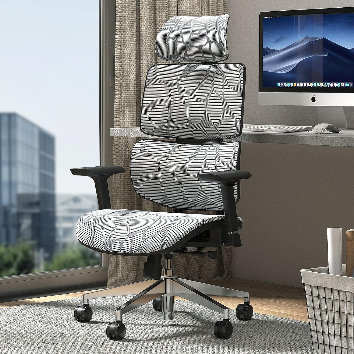 TONFARY Ergonomic Office Chair, Home Office Desk Chair with Lumbar Support, Adjustable Headrest Ergonomic Mesh Office Chair with 4D Armrests, Flexible Support Office Chair Waterfall Design