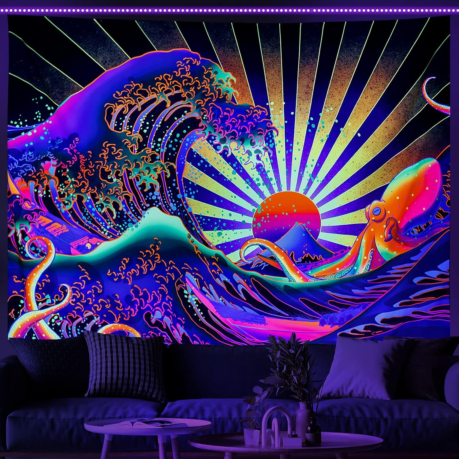 Maccyafst Blacklight Tapestry Great Wave Tapestry UV Reactive Japanese Kanagawa Sunset Tapestry Vintage Ocean Wave Octopus Tapestry Wall Hanging for Bedroom Backdrop