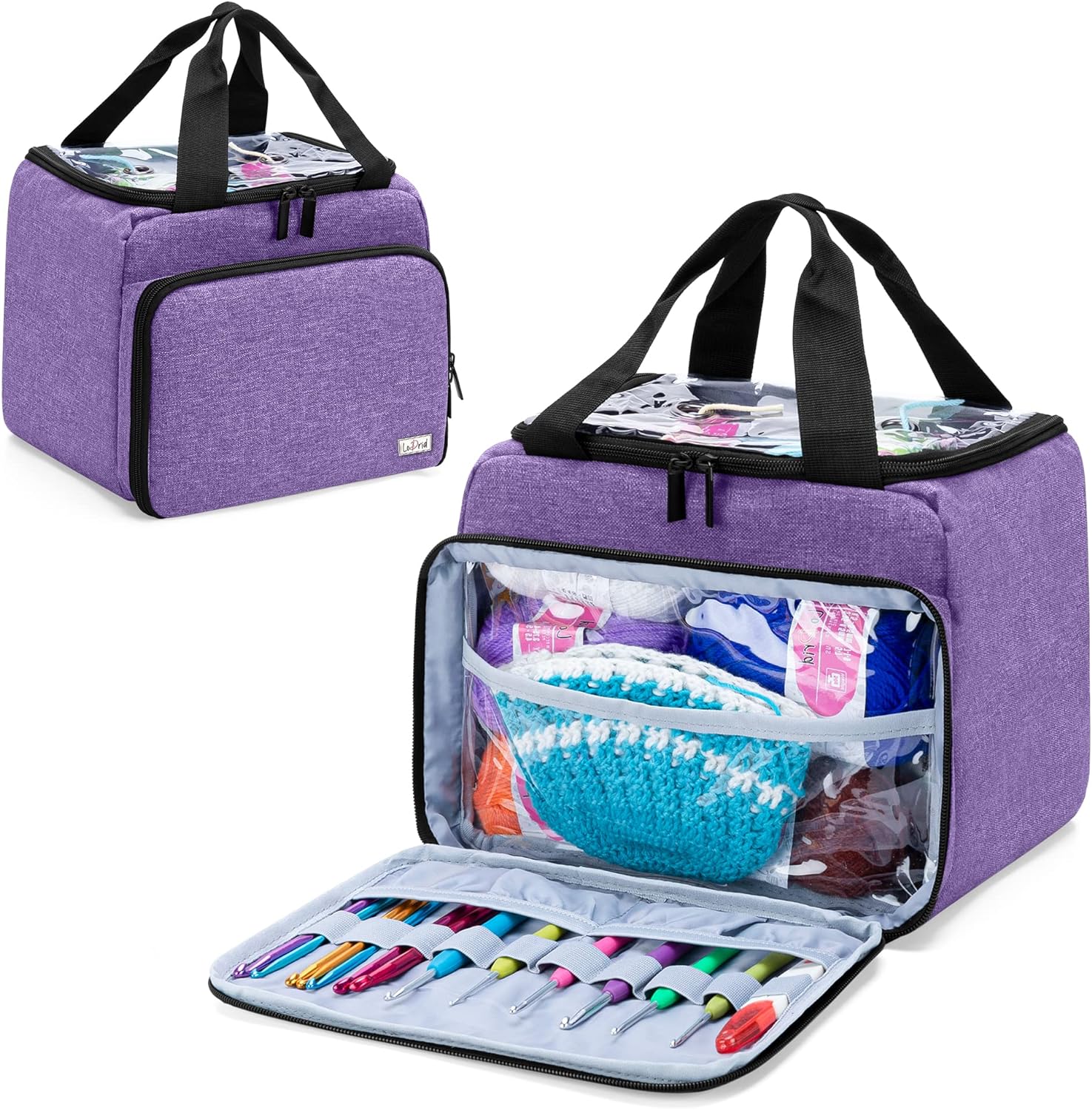 LoDrid Small Yarn Storage Bag with 2 Grommets, Portable Knitting Tote for Knitting Kit & Crochet Accessories, Yarn Project Organizer for Knitting Supplies Set for Adults, Purple (Bag Only)