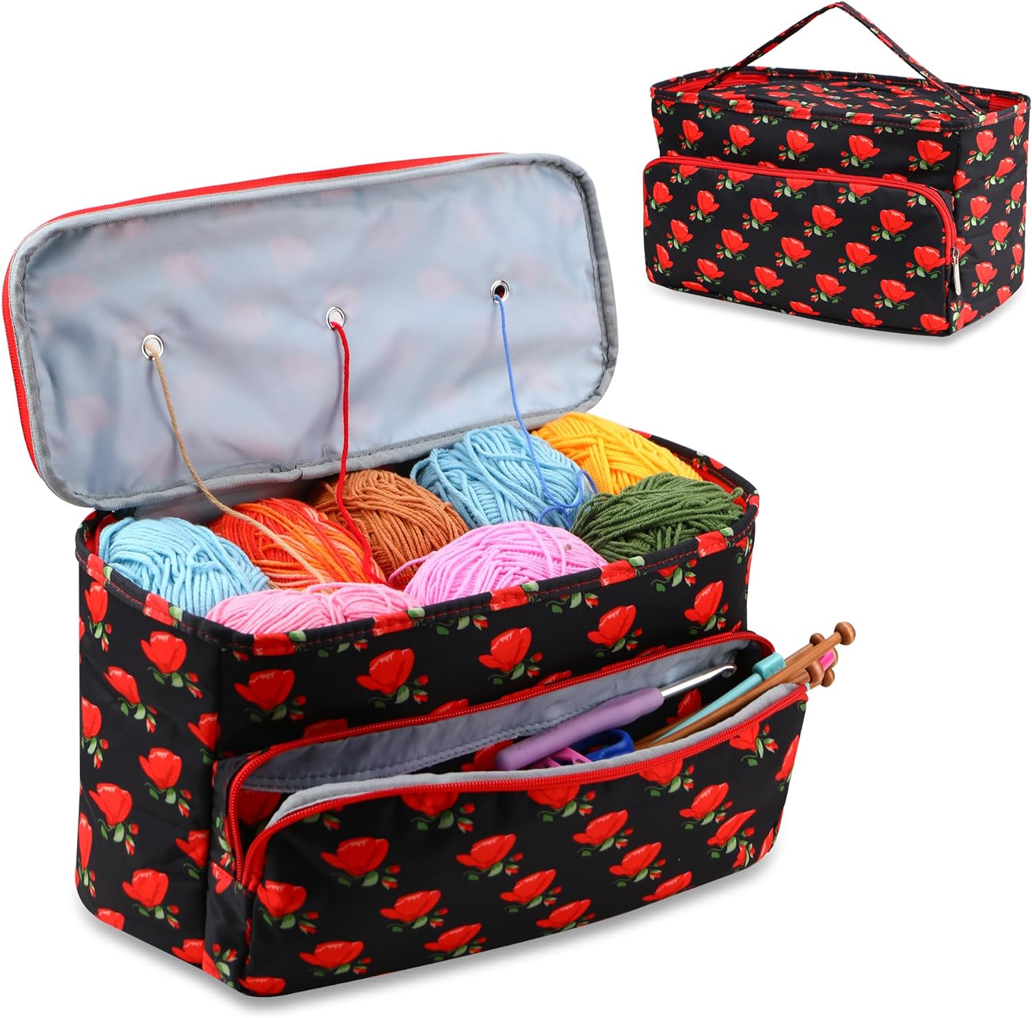 Crochet Bag,Yarn Storage Organizer Tangle Free with 3 Grommets, Knitting Project Bag and Totes Organizer Large Craft Supplies BagSeductive Roses